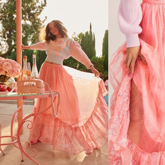 LoveShackFancy Dresses & Skirts - LoveShackFancy NEW Lorelle Pink Tulle Butterfly Metallic Maxi Skirt Size 4